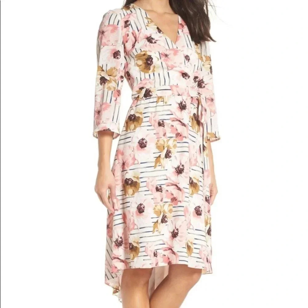 Charles Henry Blush Floral Rose Hi-Lo Wrap Dress S